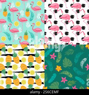 Tropical seamless pattern collection with exotic fruits, flamingo and plants. Illustration of exotic summer patterns with flamingo and pineapple. Tropical seamless pattern collection with exotic fruits, flamingo and plants Stock Vector