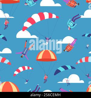 Skydivers, jumpers in sky vector seamless pattern. Illustration of skydiving and parachuting, paragliding hobby. Skydivers, jumpers in sky vector seamless pattern Stock Vector