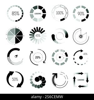 Percentage, loading indicators isolated icons vector. Progress bar for upload or download, processing. Website element, circle or square, waiting web signs monochrome mockups, loader symbols. Loading indicators isolated icons, percentage and circle or square Stock Vector