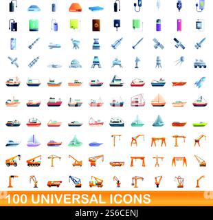100 universal icons set. Cartoon illustration of 100 universal icons vector set isolated on white background. 100 universal icons set, cartoon style Stock Vector