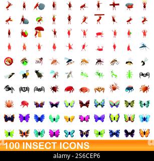 100 insect icons set. Cartoon illustration of 100 insect icons vector set isolated on white background. 100 insect icons set, cartoon style Stock Vector