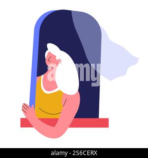 Window in wall woman and curtain apartment building girl looking on street from flat evening in big city or town female character, in shirt with long blond hair breathing fresh air windy weather. Woman looking out from window with curtain isolated icon apartment Stock Vector