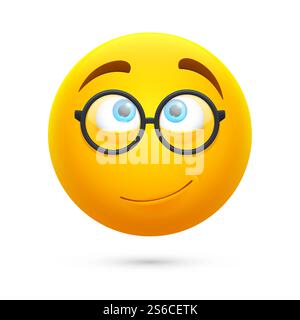 Cartoon yellow 3d smiley face. Cute geek vector emoji isolated on white background. Illustration of geek and nerd emoji expression. Cartoon yellow 3d smiley face. Cute geek vector emoji isolated on white background Stock Vector
