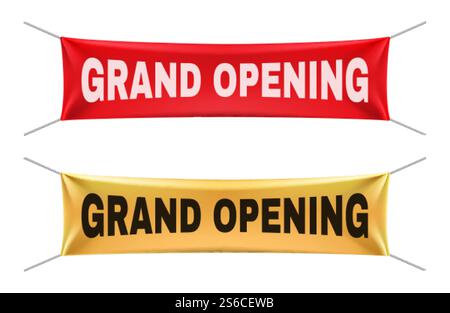 Grand opening banners. Vector gold red realistic hanging fabric mockup set. Announcement for business grand open illustration. Grand open banner, ceremony event material satin. Grand opening banners. Vector gold red realistic hanging fabric mockup set. Announcement for business grand open illustration Stock Vector