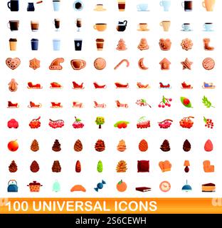 100 universal icons set. Cartoon illustration of 100 universal icons vector set isolated on white background. 100 universal icons set, cartoon style Stock Vector