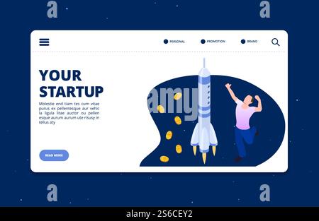 Isometric happy man and spase ship - startup vector landing page template. Startup rocket, development project illustration. Isometric happy man and spase ship - startup vector landing page template Stock Vector