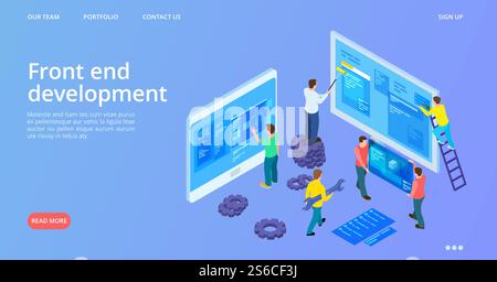 Front end development. Isometric interface development landing page. Vector site construction, web design banner template. Web development application, computer isometric coding illustration. Front end development. Isometric interface development landing page. Vector site construction, web design banner template Stock Vector