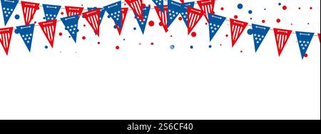 The USA flags vector banner. Triangle american flags garland background. Illustration of flag garland decoration festival, usa american holiday. The USA flags vector banner. Triangle american flags garland background Stock Vector