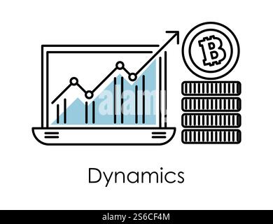 Bitcoin dynamics isolated linear icon, developing strategy, marketing and finance vector. Digital money or cryptocurrency value estimation. Graphic or chart, growth graph in laptop, coins stack. Marketing and finance, bitcoin dynamics graphic in laptop isolated icon Stock Vector
