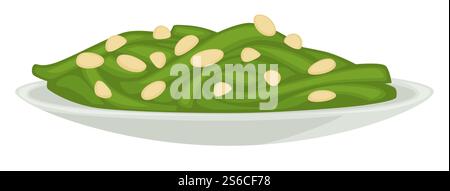 Seaweed in plate served food with sesame seeds vector isolated bowl with meal traditional oriental, asian dishes plant of green color flat style pasta with sauce leaves and foliage organic eats. Seaweed in plate served food with sesame seeds Stock Vector