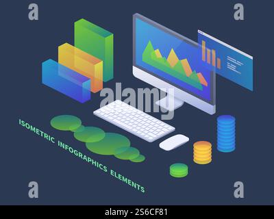 Business infographics isometric concept. Vector 3d PC with data charts and statistics diagrams. Business isometric analysis infographic illustration. Business infographics isometric concept. Vector 3d PC with data charts and statistics diagrams Stock Vector