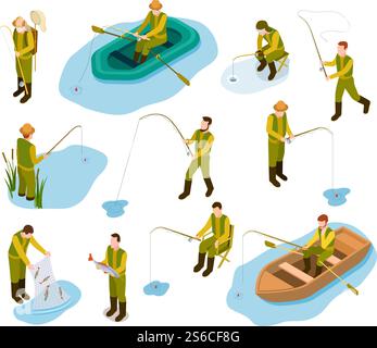 Fisherman isometric. Fishing in river pond sea tackle rubber fish bucket boat fishing rod 3d isometric vector set. Illustration of fishing isometric, fisherman on boat. Fisherman isometric. Fishing in river pond sea tackle rubber fish bucket boat fishing rod 3d isometric vector set Stock Vector