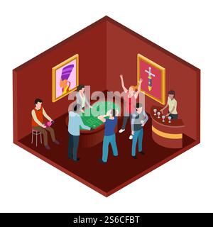 Casino room, 3d isometric gambling vector concept. Poker and jackpot, casino room isometry illustration. Casino room, 3d isometric gambling vector concept Stock Vector