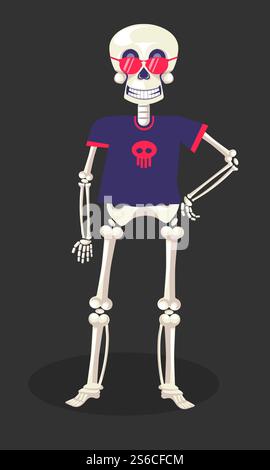 Skeleton in T-shirt and glasses, Day Of dead, Mexican holiday symbol, Dia De Los Muertos party vector. Clothes and accessory, skull and bones with accessory. Calaca wearing clothing, national festival. Day of Dead, skeleton in T-shirt and glasses, Mexican holiday symbol Stock Vector