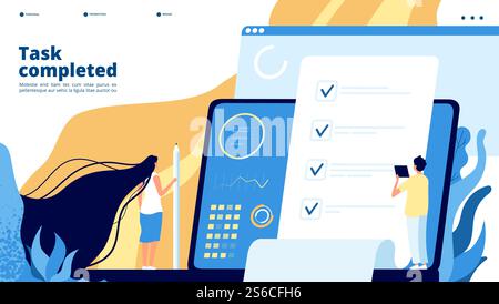 Online test landing. Internet questionnaire, survey voting quiz. Students, big checklist on screen. Exam test education vector concept. Illustration of exam test internet, questionnaire for education. Online test landing. Internet questionnaire, survey voting quiz. Students, big checklist on screen. Exam test education vector concept Stock Vector