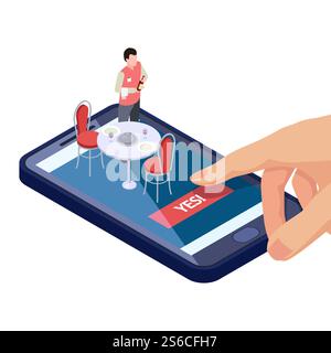 Online table in restaurant or cafe reservation with mobile app isometric concept. Cafe reservation table, app isometric restaurant illustration. Online table in restaurant or cafe reservation with mobile app isometric concept Stock Vector