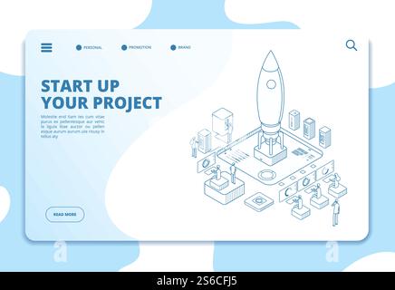 Startup landing page. Successful project launch. Isometric rocket, people at dashboard. Corporate ico business vector website design. Illustration startup landing page, start business launch. Startup landing page. Successful project launch. Isometric rocket, people at dashboard. Corporate ico business vector website design Stock Vector