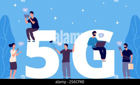 5G concept. Flat tiny people with phones and laptops vector characters. 5G wireless connection. Illustration 5g network wireless, people connection fast internet. 5G concept. Flat tiny people with phones and laptops vector characters. 5G wireless connection Stock Vector