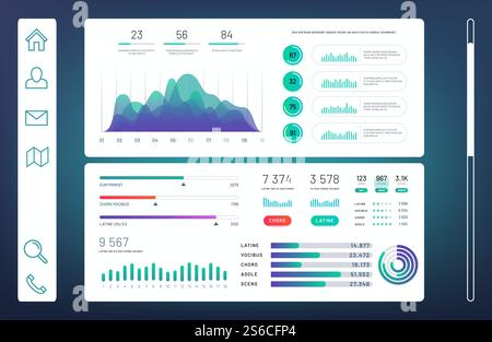 Infographic dashboard, web admin panel with info charts, diagrams vector template. Illustration of diagram and chart info, graphic data. Infographic dashboard, web admin panel with info charts, diagrams vector template Stock Vector