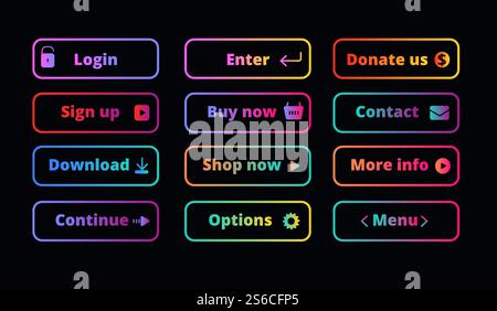 Gradient action buttons. Neon glow frame button on dark for shopping app and banners with continue, buying options icons vector set. Illustration of neon glow banner, more info, shop now. Gradient action buttons. Neon glow frame button on dark for shopping app and banners with continue, buying options icons vector set Stock Vector