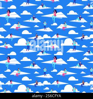 People flying on paper planes vector seamless pattern. Illustration of people fly in sky with cloud. People flying on paper planes vector seamless pattern Stock Vector