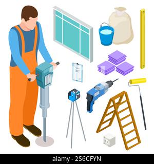 Builder and construction tools isometric vector icons. Isometric builder and worker, professional service construction illustration. Builder and construction tools isometric vector icons Stock Vector