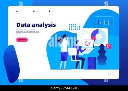 Data analysis. Digital interactive office business marketing processing professional personal analyst with laptop vector landing page. Data professional analysis, seo analytics landing illustration. Data analysis. Digital interactive office business marketing processing professional personal analyst with laptop vector landing page Stock Vector