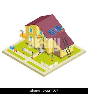 Vector construction, reconstruction and repair rural house isometric concept. Illustration of building construction, window and door. Vector construction, reconstruction and repair rural house isometric concept Stock Vector