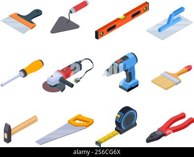 Repair tool isometric. Handyman construction tools paint kit repair home drill craftsman 3d isolated vector set. Illustration of repair tool construction, equipment industry hammer and handsaw. Repair tool isometric. Handyman construction tools paint kit repair home drill craftsman 3d isolated vector set Stock Vector