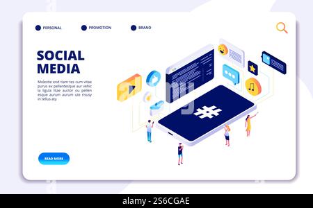 Social media isometric concept. People follow share content with phones, online dating. Cellphone addiction vector landing page. Smartphone isometric, social media network illustration. Social media isometric concept. People follow share content with phones, online dating. Cellphone addiction vector landing page Stock Vector