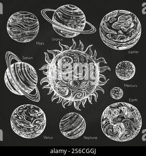Sketch of planets of Solar System on blackboard. Vector planets and sun, universe space system illustration. Sketch of planets of Solar System on blackboard Stock Vector