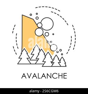 Avalanche natural disaster, snow falling down from rock or mountain on forest isolated icon vector. Winter landscape and catastrophe, snowslide or snowslip. Meteorology weather forecast linear symbol. Snowslide or avalanche, natural disaster isolated icon, snowslip Stock Vector