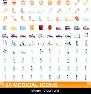 100 medical icons set. Cartoon illustration of 100 medical icons vector set isolated on white background. 100 medical icons set, cartoon style Stock Vector