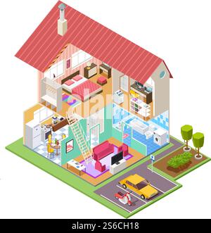 Cutaway house isometric. Housing construction cross section with kitchen bedroom bathroom interior. 3d vector house inside. Bathroom and kitchen isometric interior in home building illustration. Cutaway house isometric. Housing construction cross section with kitchen bedroom bathroom interior. 3d vector house inside Stock Vector