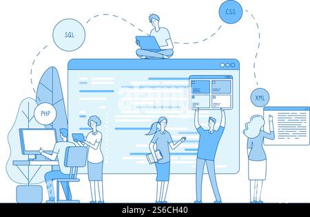Programmers coding website. Coders write source code on screen on window. Php css engineer designer support line vector concept. Illustration of team programmer write code for software. Programmers coding website. Coders write source code on screen on window. Php css engineer designer support line vector concept Stock Vector