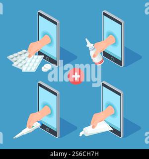 Mobile medicine help, online pharmacy app isometric vector icons. Pharmacy medical app mobile, service online illustration. Mobile medicine help, online pharmacy app isometric vector icons Stock Vector