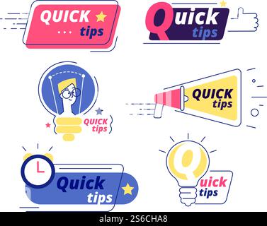 Quick tip. Tricks quick tips solution logos helpful advice text shapes isolated vector labels. Illustration of quick info, suggestion and reminde tips. Quick tip. Tricks quick tips solution logos helpful advice text shapes isolated vector labels Stock Vector