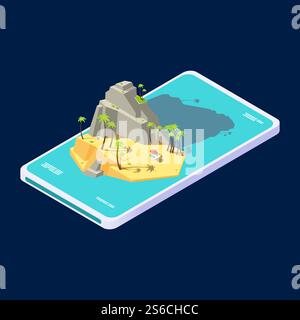 Isometric mobile concept of summer beach island app vacation. Island resort, smartphone application isometric booking illustration. Isometric mobile concept of summer beach island app vacation Stock Vector