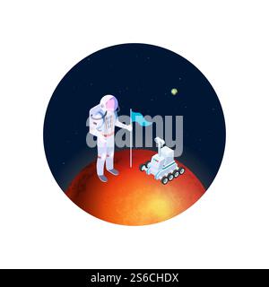 Astronaut and rover on mars vector illustration. Isometric astronaut in a spacesuit with a flag on red planet. Colonization of mars vector concept. Illustration of red planet and rover with astronaut. Astronaut and rover on mars vector illustration. Isometric astronaut in a spacesuit with a flag on red planet. Colonization of mars vector concept Stock Vector