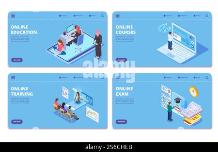 Online education isometric vector concept pages. Online exam, training, courses landing page set. Illustration of isometric training and studying, landing page online course. Online education isometric vector concept pages. Online exam, training, courses landing page set Stock Vector