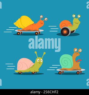 Fast characters snails cartoon vector of set. Illustration of fast snail on skate, happy slow animal. Fast characters snails cartoon vector of set Stock Vector