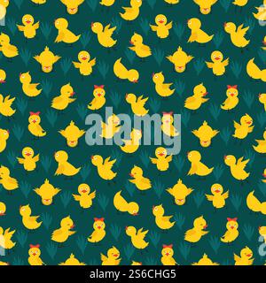 Seamless pattern with cute vector yellow chickens. Animal chicken baby spring background, chick baby illustration. Seamless pattern with cute vector yellow chickens Stock Vector