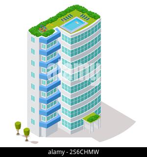 Ecological concept of hotel building with rest zone and pool on the roof vector illustration. Hotel isometric with green lawn and pool on roof. Ecological concept of hotel building with rest zone and pool on the roof vector illustration Stock Vector