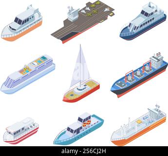 Isometric ships. Vessels shipping nautical boats barge commercial ship sea business marine sailing yacht ferry 3d vector shipment set. Ferry isometric, water marine transport collection illustration. Isometric ships. Vessels shipping nautical boats barge commercial ship sea business marine sailing yacht ferry 3d vector shipment set Stock Vector