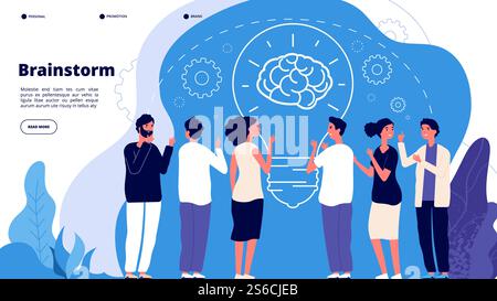 Brainstorm concept. Professionals launching creative project, brainstorming. Startup innovation teamwork business vector landing page. Illustration startup brainstorming, teamwork, strategy team. Brainstorm concept. Professionals launching creative project, brainstorming. Startup innovation teamwork business vector landing page Stock Vector