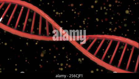 Image of dna strand spinning over glowing spots on dark background Stock Photo