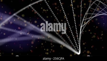 Image of dna strand spinning over glowing spots on dark background Stock Photo