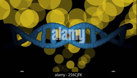 Image of dna strand spinning over glowing spots on dark background Stock Photo