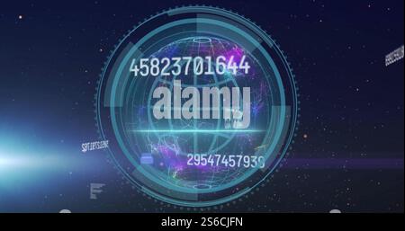 Image of data processing and scope scanning over cyber security text with globe Stock Photo