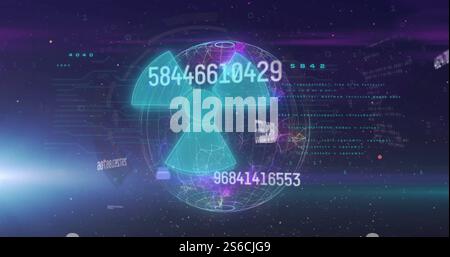 Image of data processing and radiation warning sign over globe on black background Stock Photo